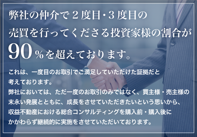 弊社の仲介で2度目・3度目の売買を行ってくださる投資家様の割合が90%を超えております。